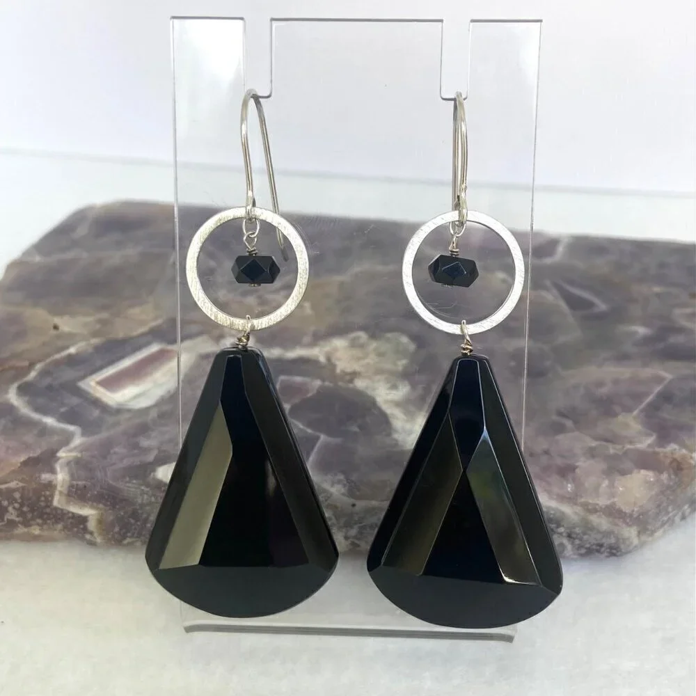 Deb Guyot Sterling Silver 925 Faceted Teardrop Black Tourmaline Dangle Earrings